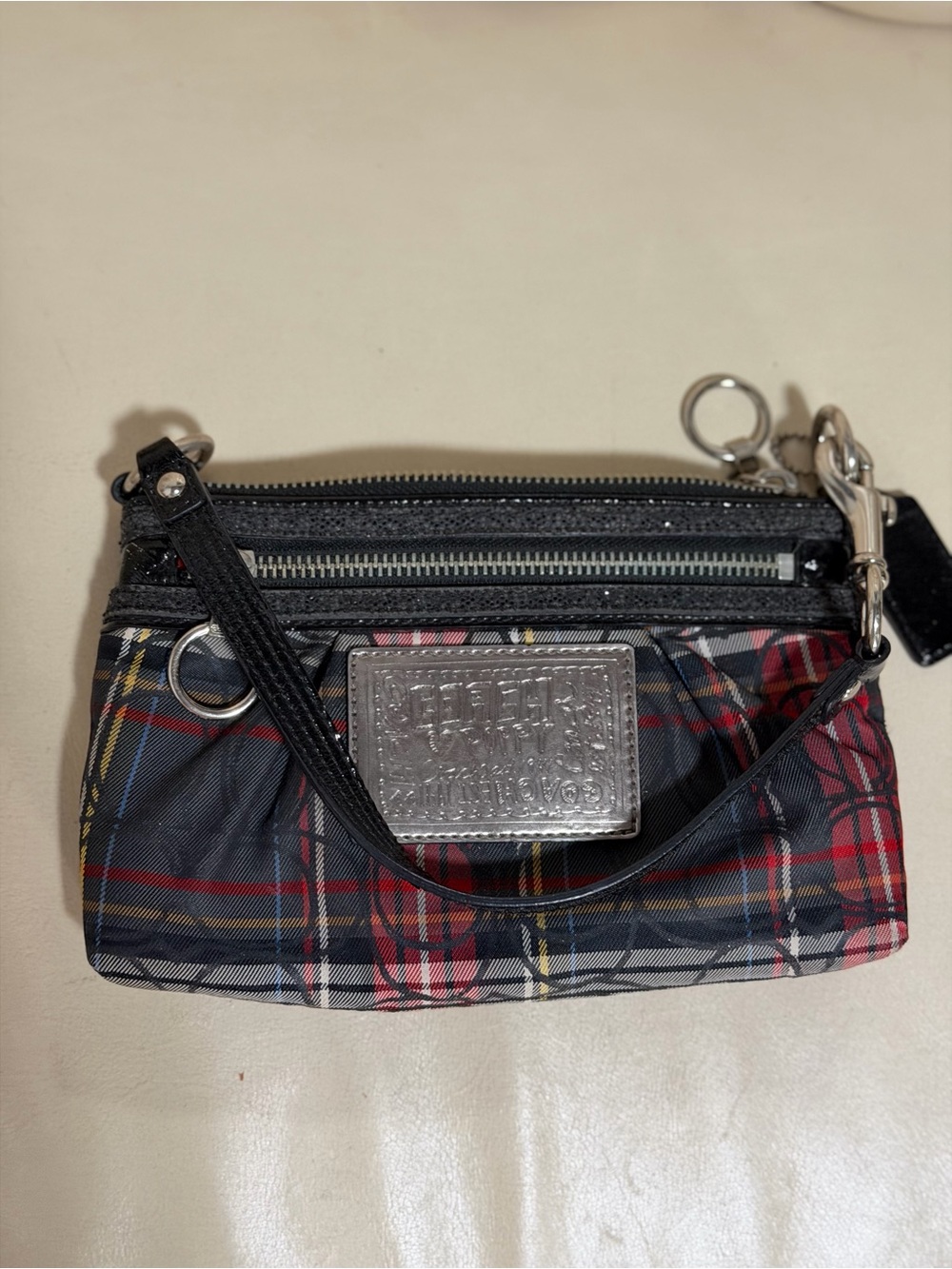 Coach Plaid vintage satchel in Black and Red with Silver Plaque